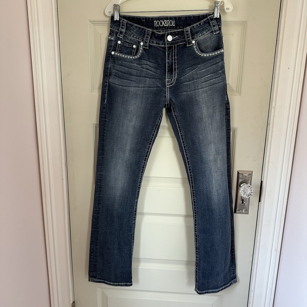 Rock and Roll Cowgirl Women's Boyfriend Embroidered Pocket Jeans Stretch 26 X 32